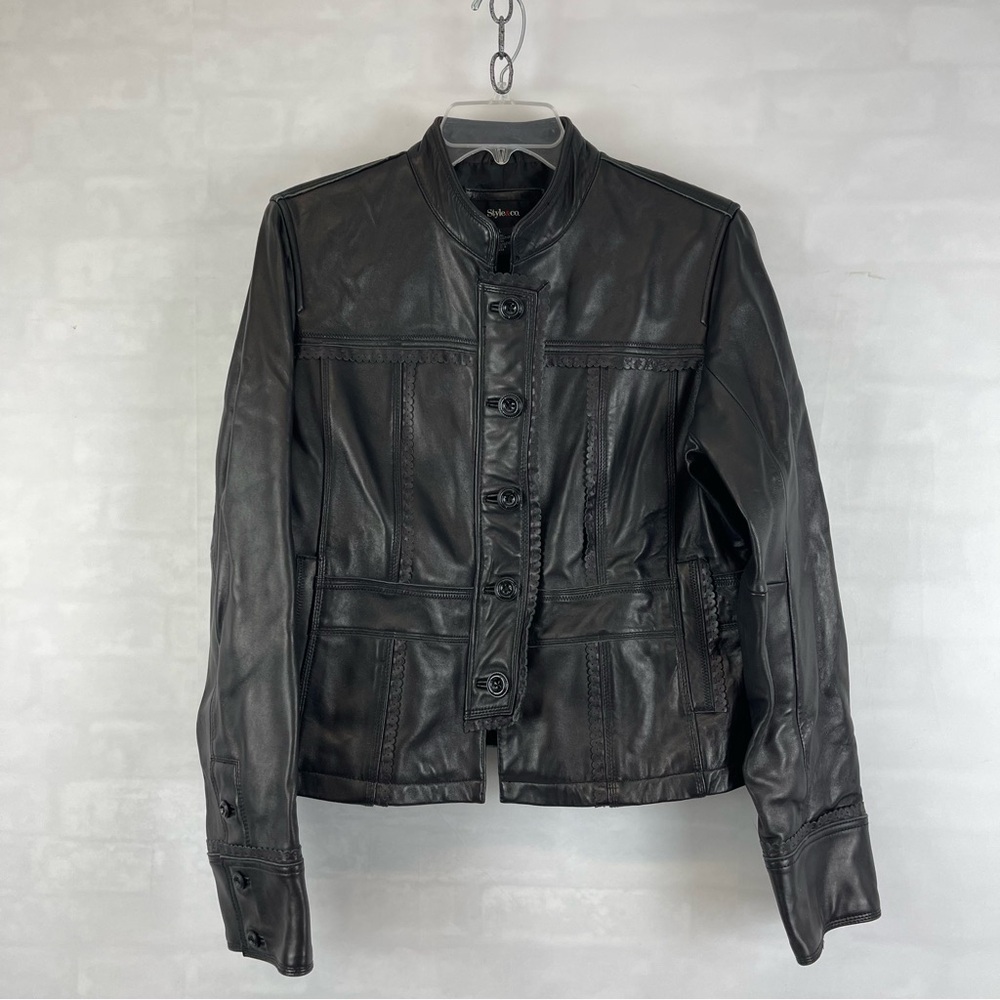 Style & Co Black Leather Jacket‎ Women’s L Whipstitch Trim Scalloped Details